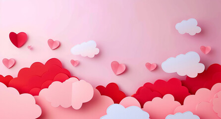 Pink and White Clouds with red hearts, paper art, Valentine's Day