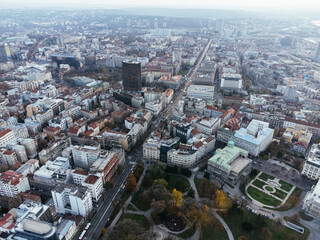 The drone view of the historical downtown center of Belgrade at sunset.