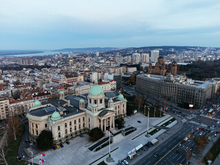 Drone view of the National Assembly of the Serbia Republic. Europe.