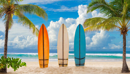 surfboard on a beach. Summer with beach and blue skies