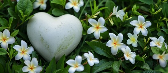 Romantic White Heart Amidst Balinese Flowers and Lush Green Grass