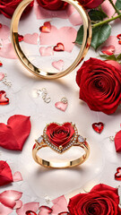 Valentines day gift concept, a golden ring with beautiful red roses, hearts in the backgrounds, golden ring, proposal, wedding, luxury jewellery, love, romance, valentine