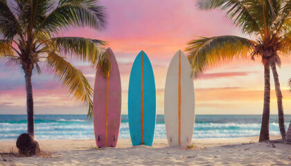 Surfboards in sand on a beach with palm trees. Summer