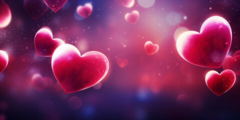 Bright 3D background with hearts in pink and purple color