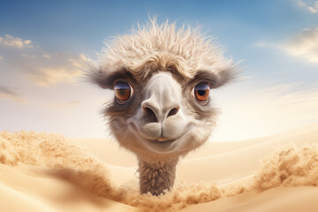 Funny lama or alpaca head look out from the pit. Cute animal hiding in the deserd under the sand dunes. - obrazy, fototapety, plakaty