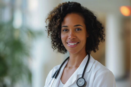 Healthcare professionalism personified by a beautiful doctor with African heritage, her presence in the hospital underscoring the importance of pharmaceuticals in medicine.