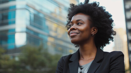 Obraz premium portrait afro american business woman outdoor with modern high-rise buildings in the background