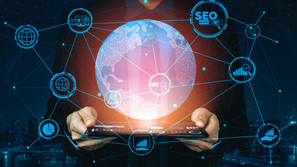 SEO - Search Engine Optimization for Online Marketing Concept. Modern interface showing symbol of...