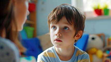 Speech development classes with a speech therapist. Retarded children with autism syndrome