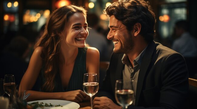 Amidst a warm restaurant ambiance, a happy couple in love shares smiles and laughter, their connection evident in the joyous atmosphere of shared moment and romantic bliss