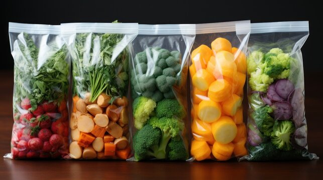 Collection of plastic bags with frozen vegetables