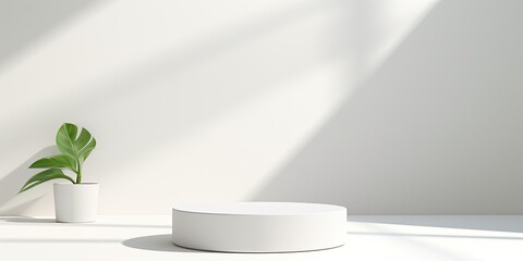 White studio background with abstract stand for product presentation, empty room with podium shadows, blurred backdrop for displaying product in soft focus.