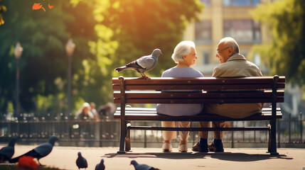 casal de idosos sentados na praça - obrazy, fototapety, plakaty