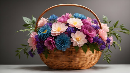 Beautiful basket with colorful flowers on the white table