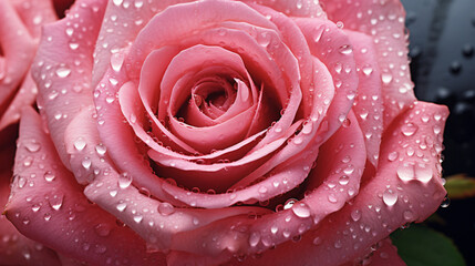  Close up image of a pink rose with rain drops