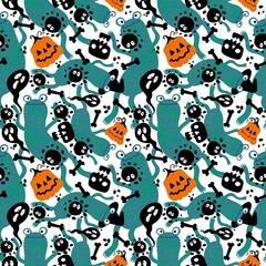Halloween animals seamless frogs and pumpkins and ghost and skulls pattern for wrapping paper and fabrics