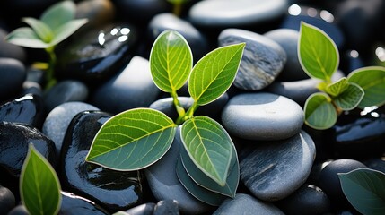 background made of black and white stones with green leaves