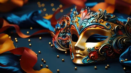 Gordijnen A vibrant carnival unfolds colorful masks adorning people's faces, creating atmosphere of joy, festivity, mystery. mask showcase intricate designs, adding element of elegance to lively celebration. © Alla