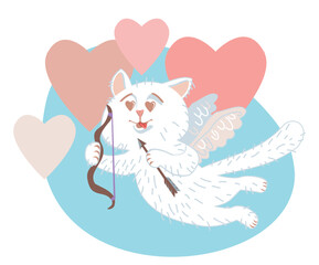 Be my valentine - cupid cat illustration. Funny cat with wings and bow. Heart background. Good for holiday greeting card banner poster t-shirt design. Doodle style.
