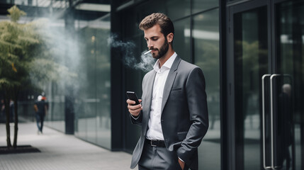 Homem executivo fumando um cigarro no intervalo do trabalho 