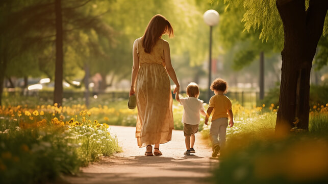 Mãe e filhos andando no parque 