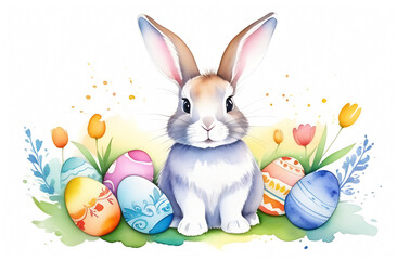 Cute Easter bunny with Easter eggs, on a white background, pastel colors, watercolor style,...