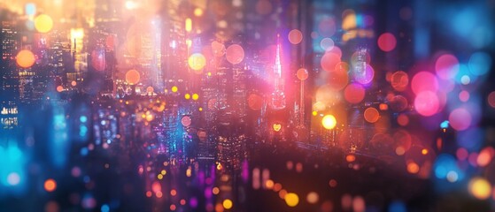 Steampunk nigth city bokeh. Defocused background. Shallow depth of field. Bright glowing lights in megapolis under dusk sky in evening on blurred background - obrazy, fototapety, plakaty