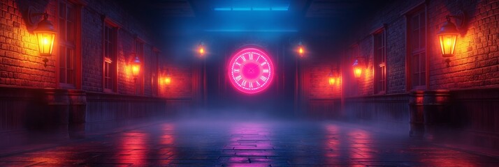Fantasy steampunk background with neon clock and lamps on the walls. Space for text. Desktop wallpaper. 