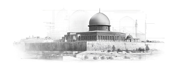 architectural drawing in ink black and white line illustration of the dome of the rock mosque in eastern old city of Jerusalem as wide poster banner