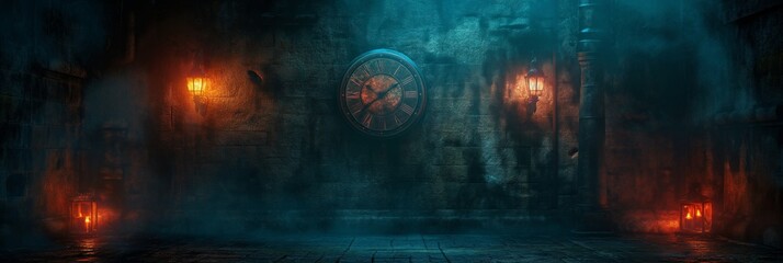 Fantasy steampunk background with retro clock and lamps on the walls. Space for text. Desktop wallpaper.