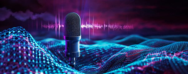 two chairs and microphones in podcast or interview room isolated on dark background as a wide banner for media conversations or podcast streamers concepts with copyspace - obrazy, fototapety, plakaty