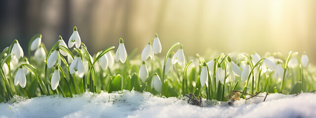 Snowdrop flowers, first flowers growing from snow winter, renewal of life, Easter springtime, new hope concept
 - obrazy, fototapety, plakaty