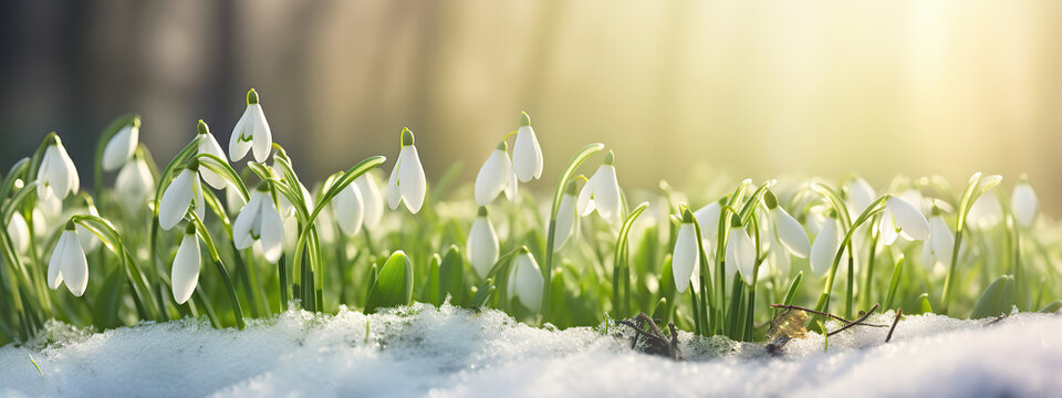 Snowdrop flowers, first flowers growing from snow winter, renewal of life, Easter springtime, new hope concept
