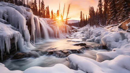 Frozen waterfalls on mountain cliffs Ice fields