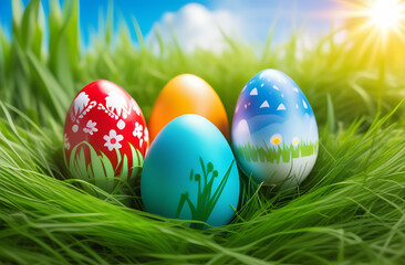 Fototapeta premium Colorful eggs in the grass, Easter card, illustration