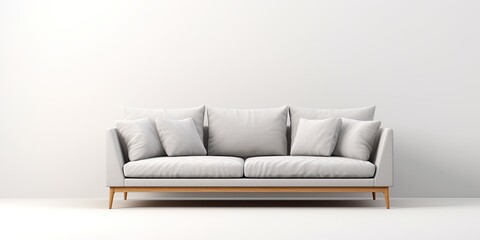 Side angled view of gray sofa against white backdrop.