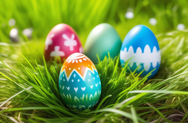 Fototapeta premium Colorful eggs in the grass, Easter card, illustration