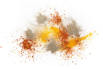 Mixed spice, turmeric, ground black pepper, chopped red hot pepper isolated on white, clipping