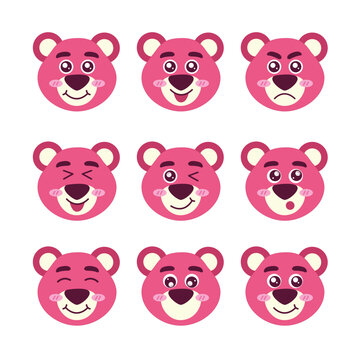 Cute Lotso doll face set. cute baby teddy bear. pink teddy bear set face illustration. isolated on white background.