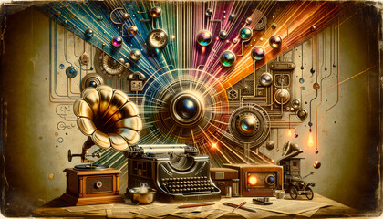 Vintage-inspired neural network visualization merging past and present