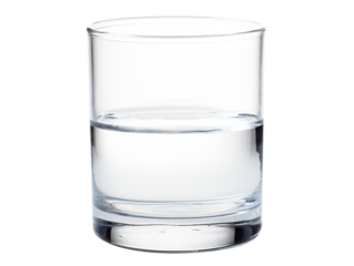 Clear glass of water. Half empty half full glass concept. Half full glass with transparent bottom.