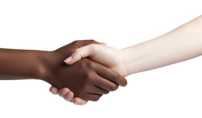 Interracial handshake, detail of black and white hands greeting each other