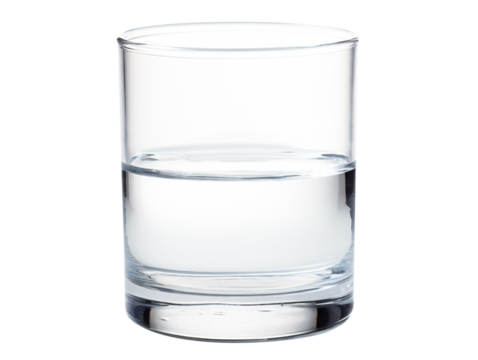 Clear glass of water. Half empty half full glass concept. Half full glass with transparent bottom.