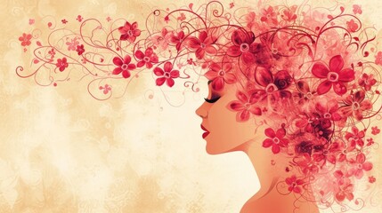 beautiful woman face with flowers as hair. blank copy space. symbolizing 8th march International Women's Day for equal rights. wallpaper background