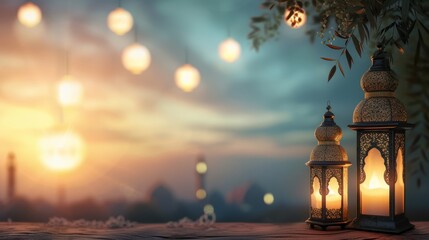 a muslim arabic lantern fanoos standing on a podium floor. to celebrate islamic beautiful landscape view. holiday month ramadan. blank copy space. wallpaper background
