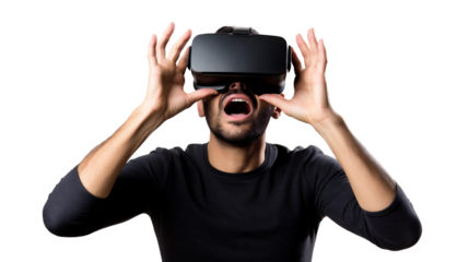Young man impressed or frightened by virtual reality game