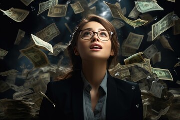 Wealthy shower: joyous cascade of money onto a blissful individual, embodying the triumphant concept of winning and amassing substantial wealth, a financial downpour symbolizing success and abundance.