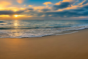 Obraz premium Close-up Sea Sand Beach Panoramic Tropical Seascape Horizon. Orange and Golden Sunset Sky Evokes Calm Tranquility, Relaxing Summer Mood. Vacation Travel Holiday Banner with Inspiring Landscape