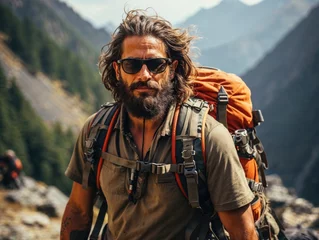 Tuinposter Rugged male hiker with beard trekking in sunny mountain terrain © nenetus