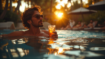 A man drinking a cocktail in the outdoor swimming pool